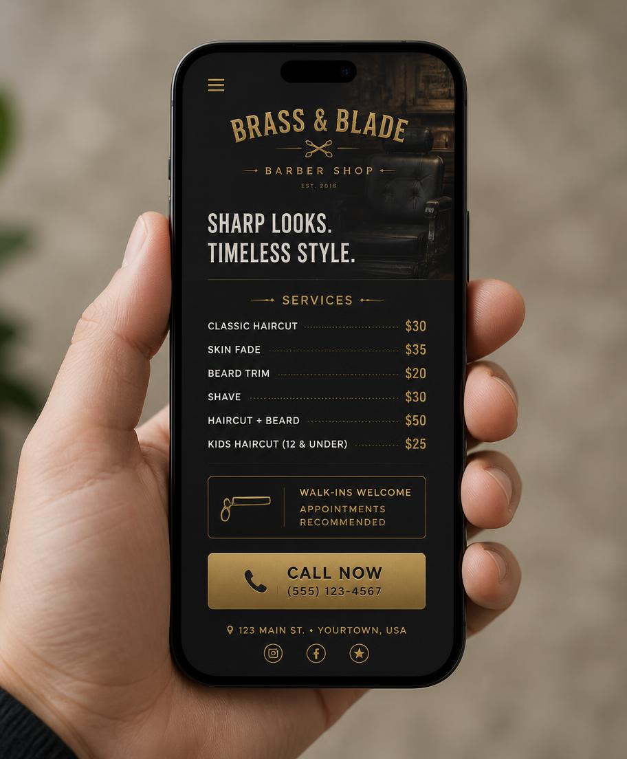 Exemple de mini-site de barbier affiché sur smartphone avec liste des prestations