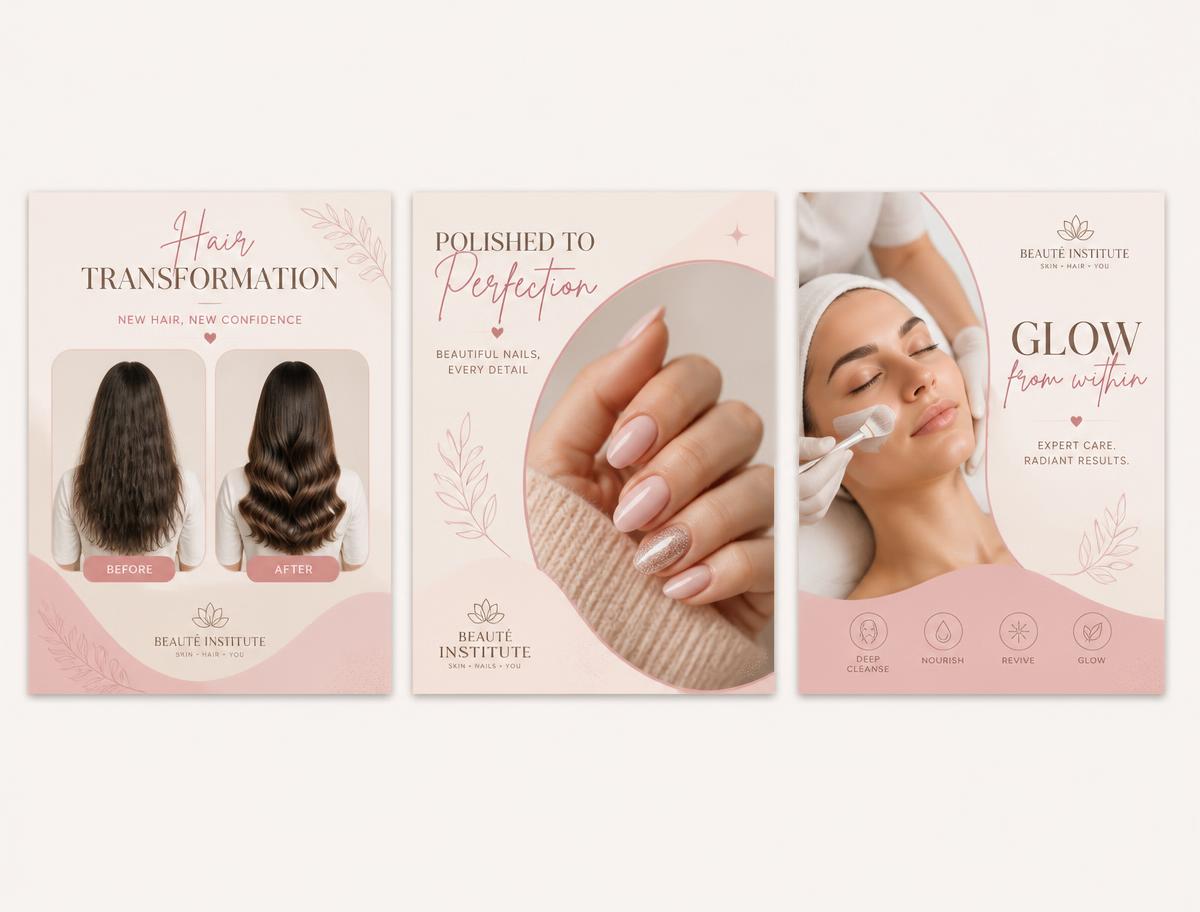 Trois exemples de posts Instagram pour institut de beauté : avant/après cheveux, manucure, soin du visage