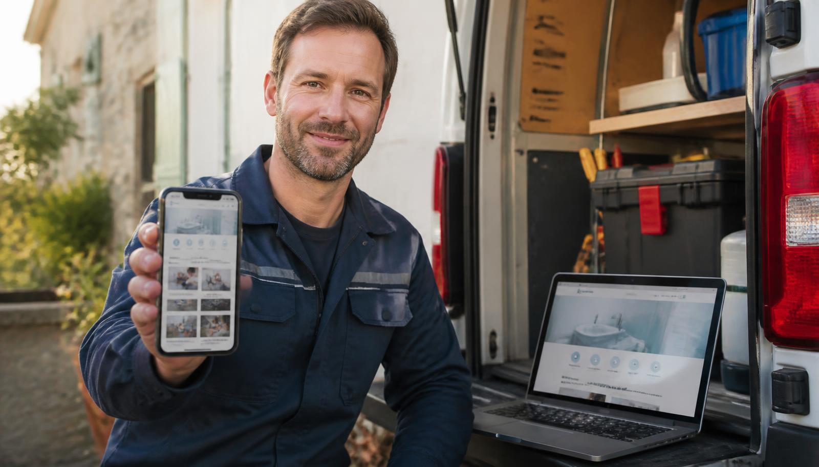 Artisan montrant son site vitrine sur smartphone devant son utilitaire, landing page de devis affichée sur ordinateur portable
