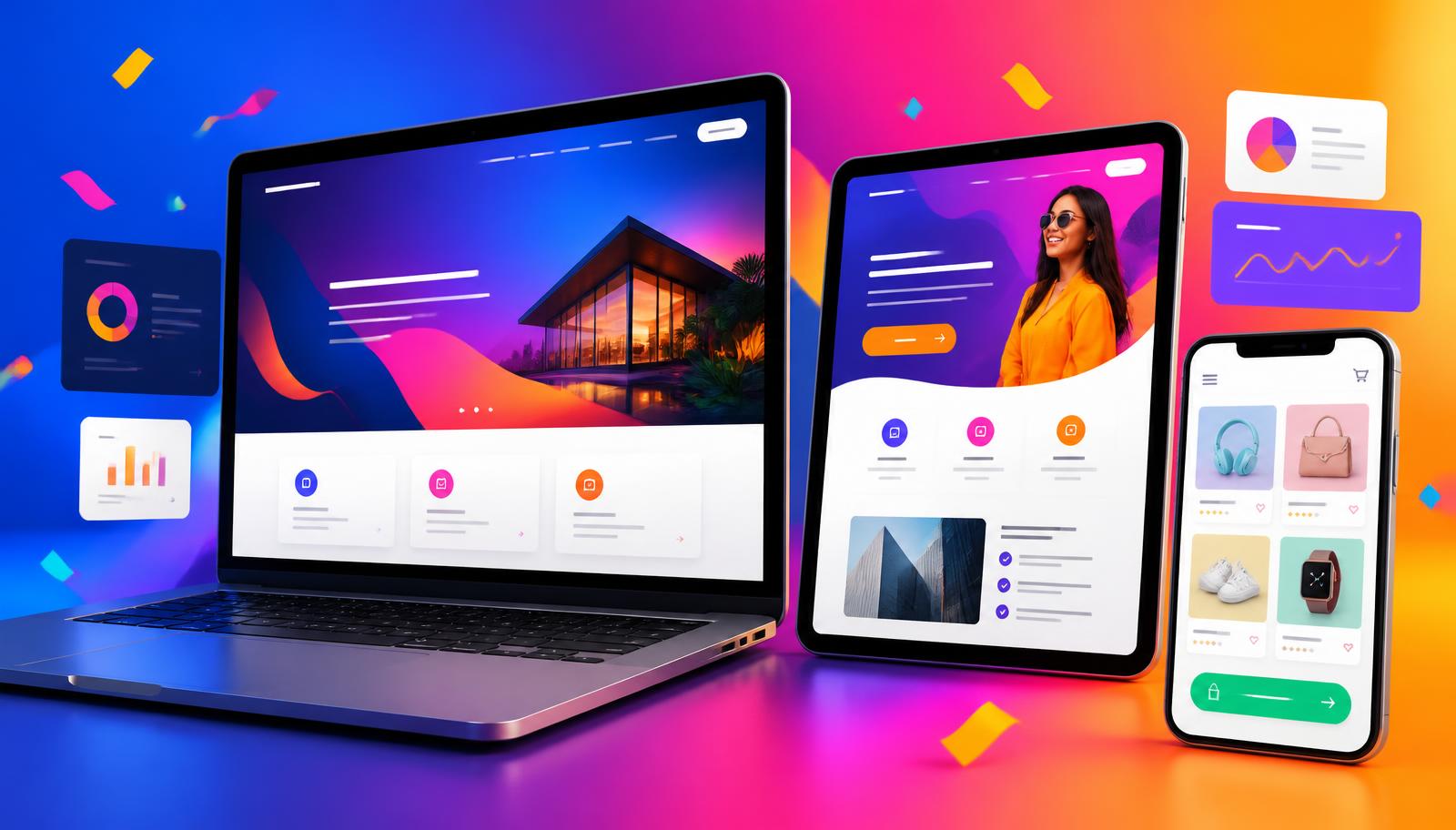 Site vitrine, boutique en ligne et landing page du Pack Web complet affichés sur ordinateur, tablette et mobile