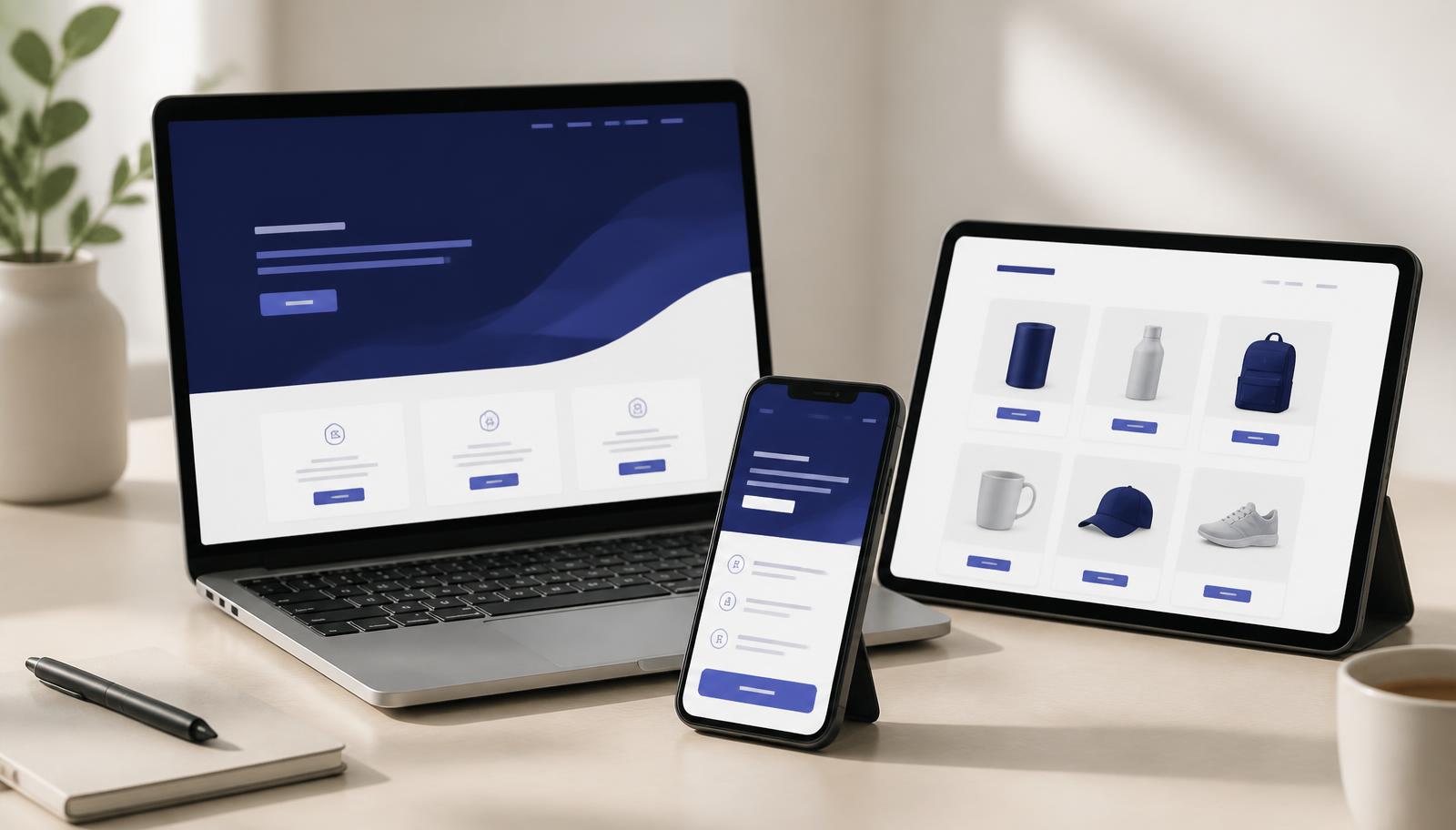 Site vitrine, boutique en ligne et landing page du Pack Web complet affichés sur ordinateur, tablette et mobile