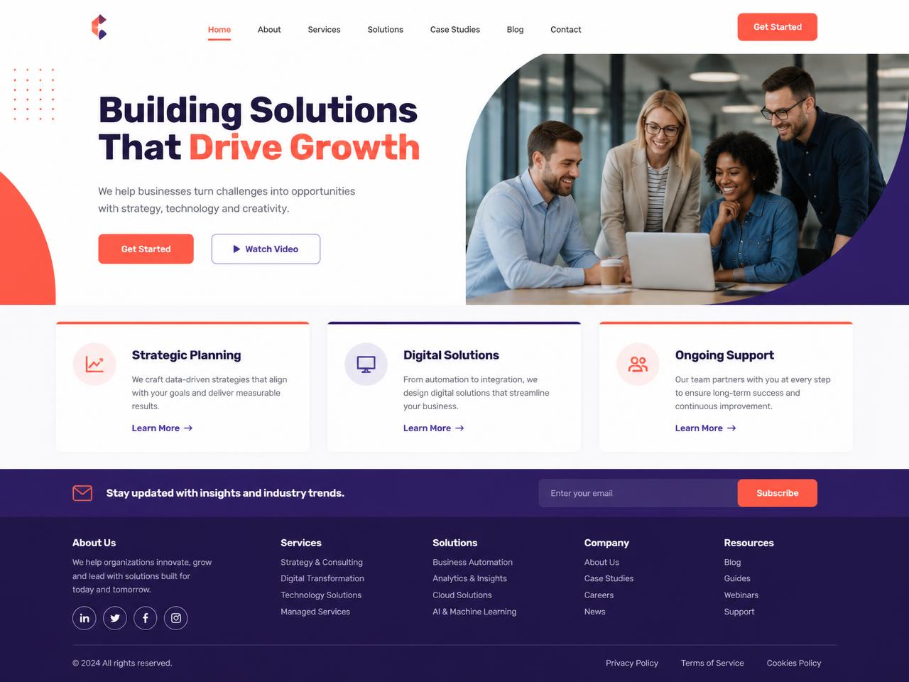 Template de site vitrine entreprise avec hero, cartes de services et pied de page