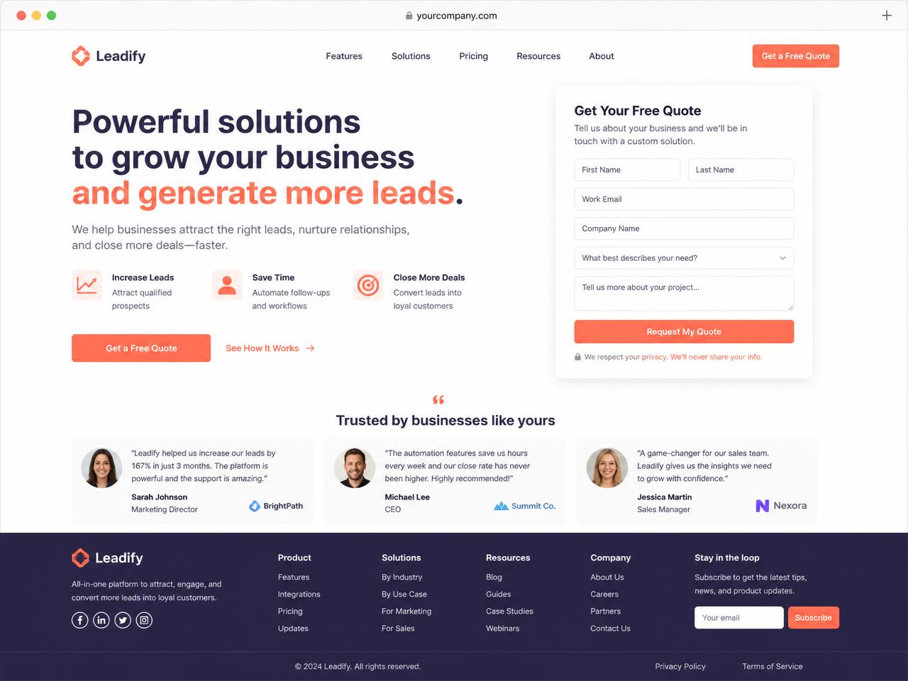 Template de landing page avec formulaire de demande de devis à droite