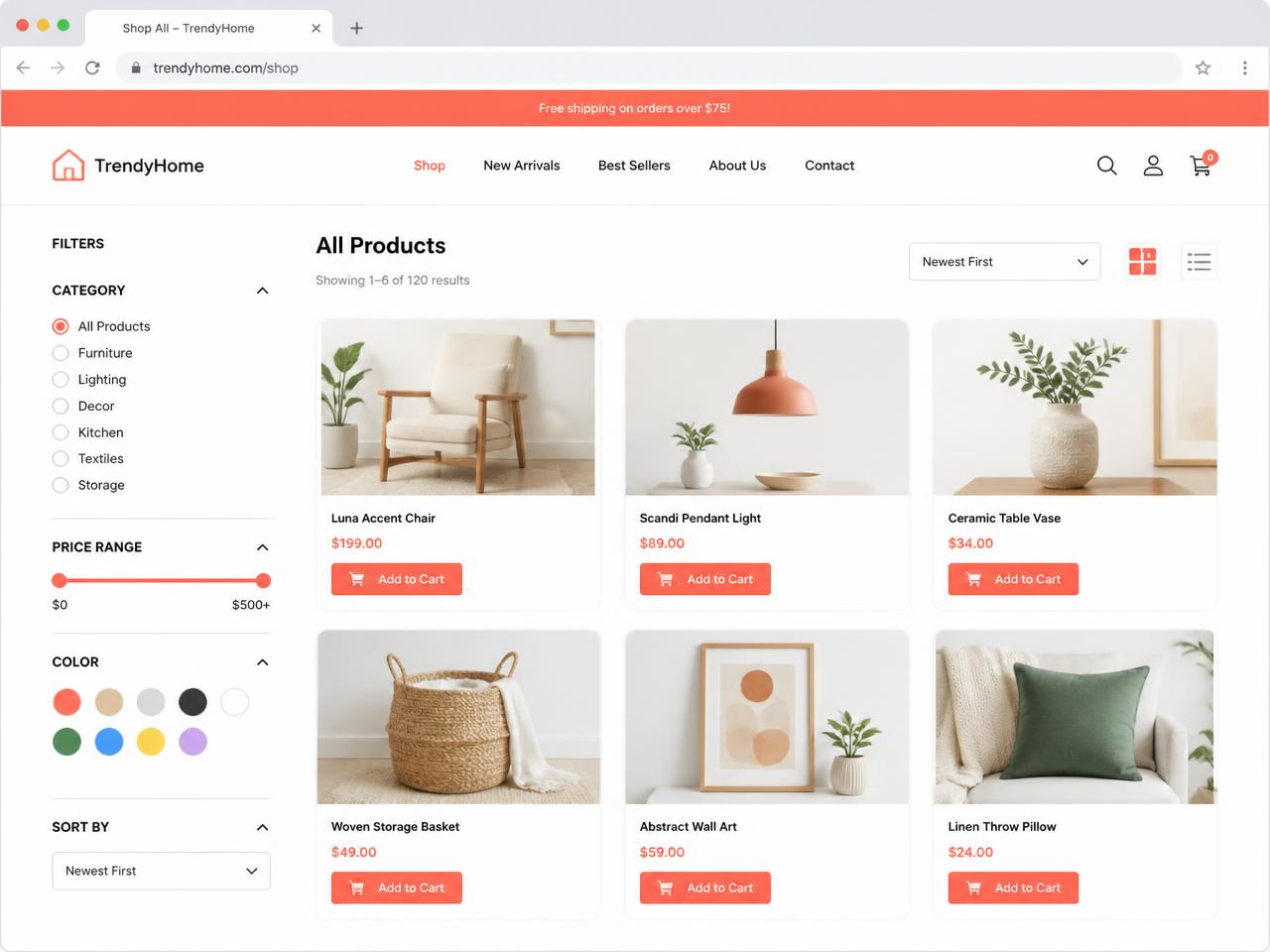 Template de boutique en ligne avec grille de produits et filtres
