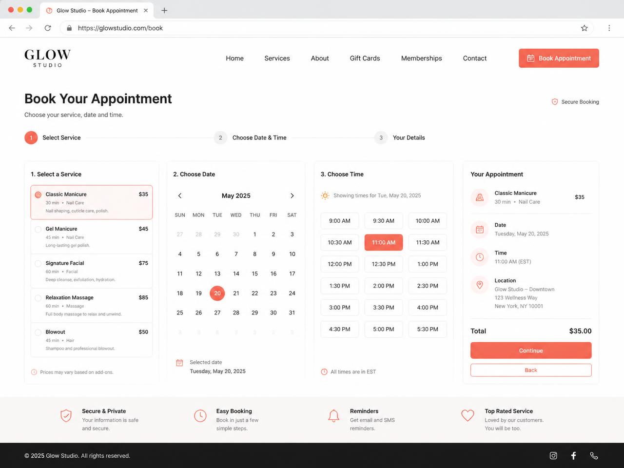 Template de site de réservation avec calendrier et créneaux horaires