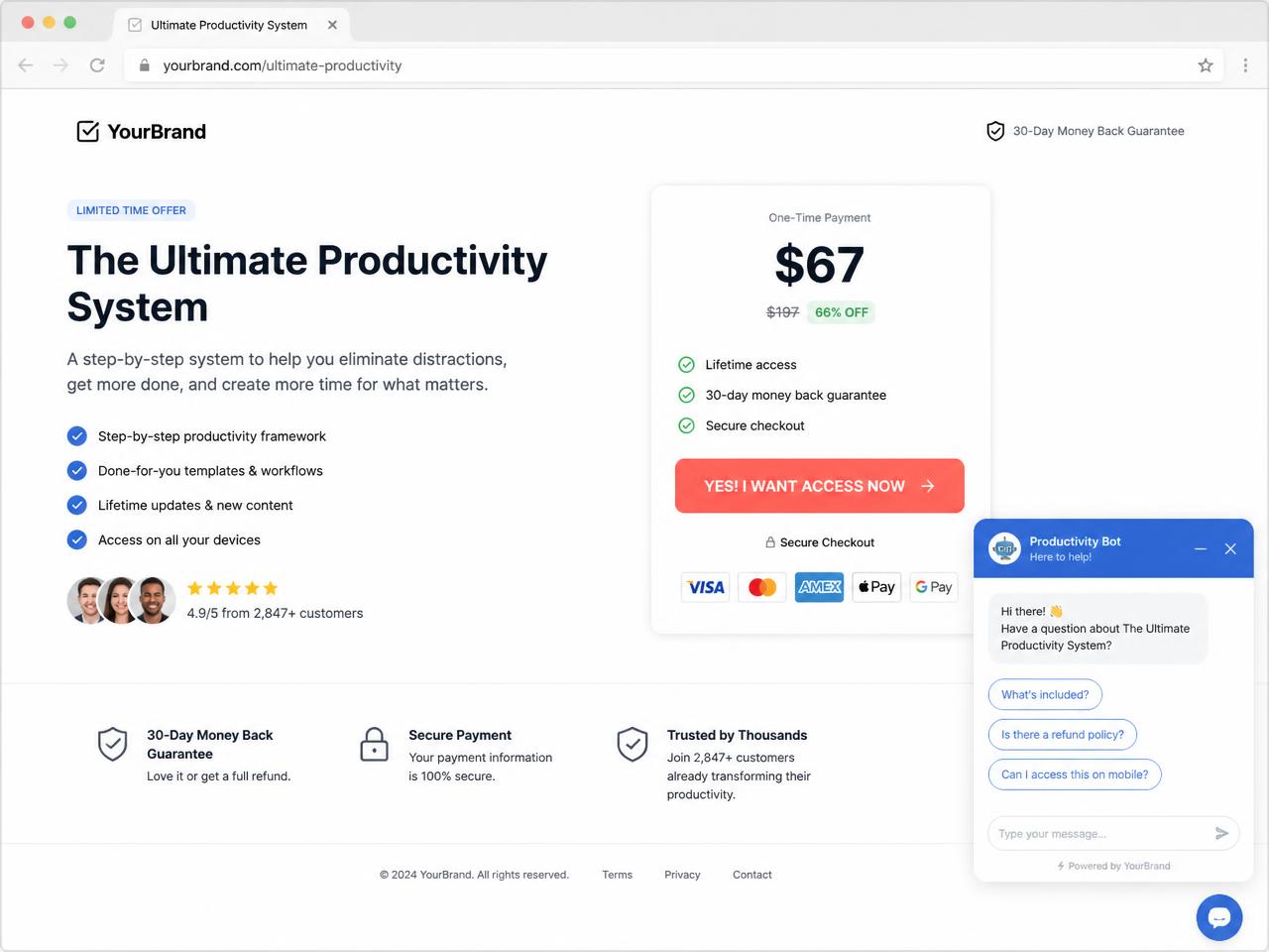 Template de page de vente avec bloc prix, paiement et chatbot ouvert